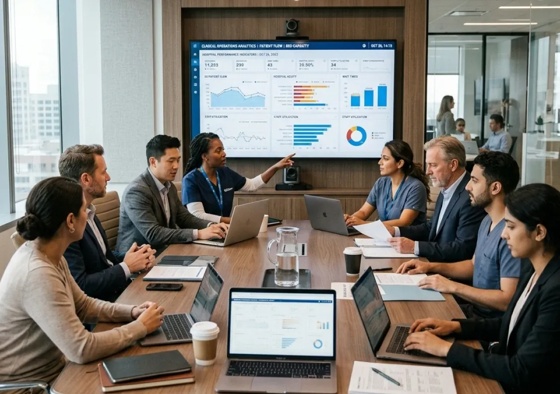 Reunião de equipe diante de um painel de indicadores